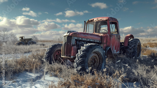 An abandoned old rusty tractor sits amidst an overgrown field, a testament to the passage of time and neglect.