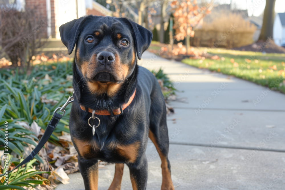 A Rottweiler stands on the sidewalk against the backdrop of the street.