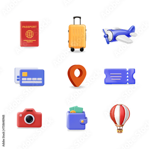 Airplane, map point, ticket, baggage, suitcase, wallet. 3d tourism travel icons