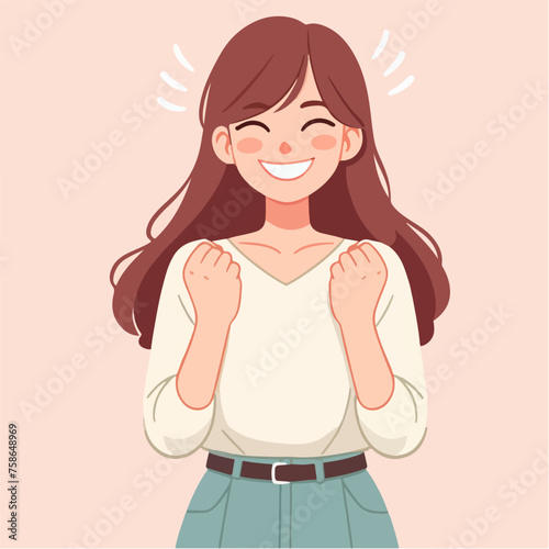 Illustration of a young woman standing with a smiling expression of joy and enthusiasm