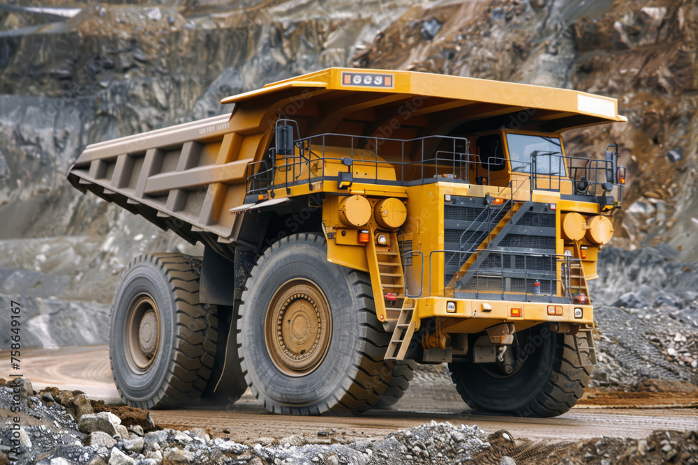 Mining dump truck rides through the quarry, its robust frame navigating the rugged terrain with ease as it transports materials from one area to another, embodying the industrious spirit.
