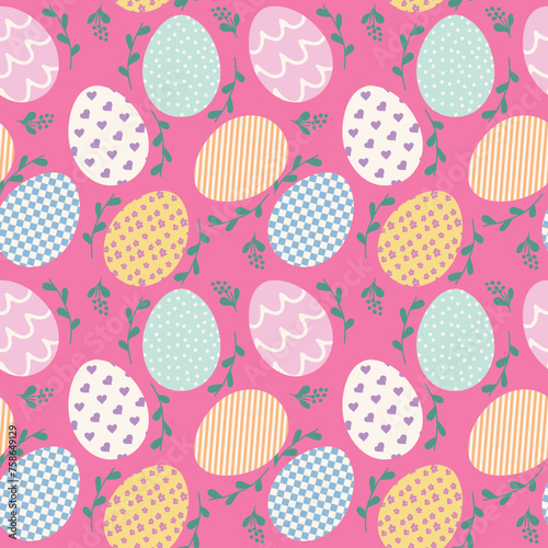 Seamless cute fun pattern of easter eggs decorated in pastel shades, with a collage of mixed motifs in them like florals, checks, stripes, dots, wavy lines. Great for kids clothing and decor, wrapping