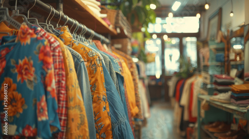A variety of colorful shirts hanging on racks in a cozy, well-lit boutique clothing store, with soft focus on the clothing in the foreground and a blurred bokeh background
