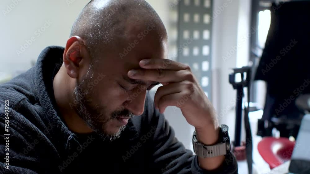 Man in thought with a hand on his forehead, expressing stress, indoors, daylight visible Man in thought with a hand on his forehead, expressing stress, indoors, daylight visible