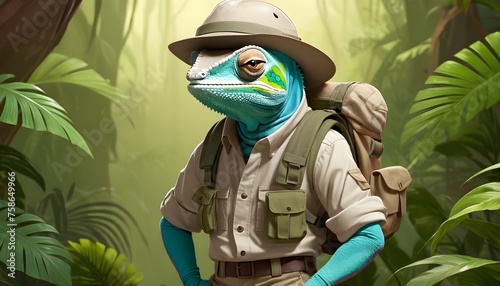 The essence of adventure with a chameleon wearing a safari vest cargo pants hiking boots and a pith helmet ready for exploration in its vibrant environment 