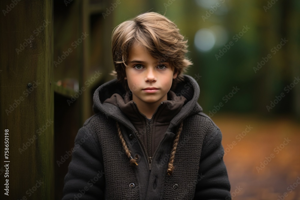 Portrait of a little boy in a black coat in the park Portrait of a little boy in a black coat in the park