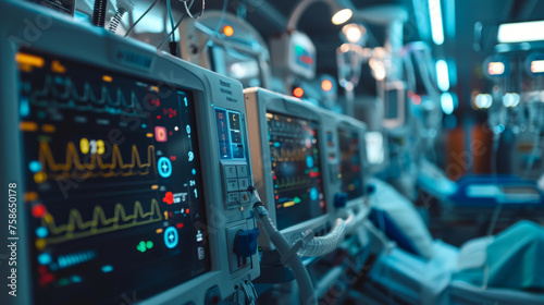 A close-up view of medical monitoring equipment displaying vital sign graphs and data, situated in a hospital setting with a dimly lit background suggesting an intensive care unit.