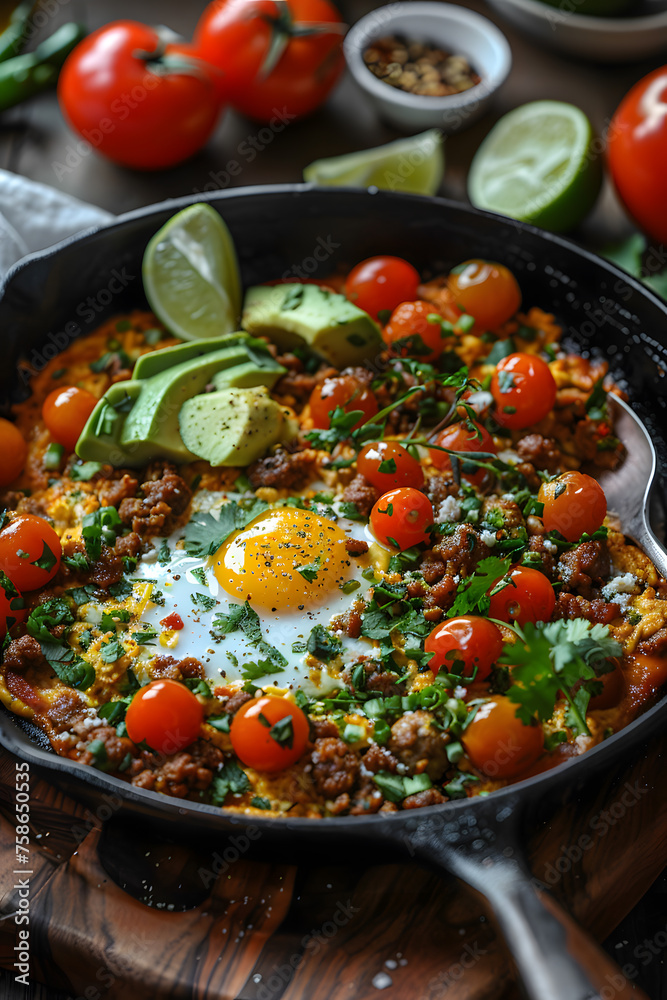 A delicious Menemen recipe made with a skillet filled with eggs, tomatoes, avocado, and meat. The perfect combination of ingredients served on a plate