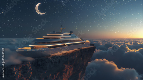 Luxury cruise ship stuck on the edge of rock cliff in the night with sea of clouds, stars and moon