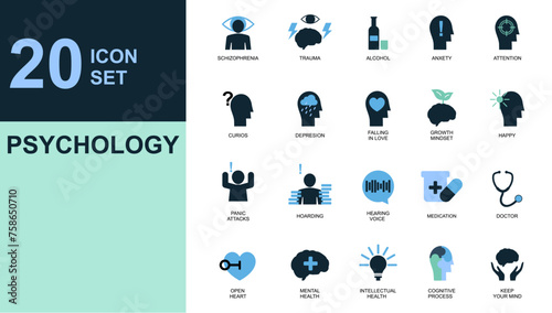 Mental health psychology icon set For Mobile and Web. Anxiety, Care, Depression, Emotional Stress, Healthcare, Medicine, Human Brain, Loneliness, Psychotherapy, Sadness, Support, Therapy.