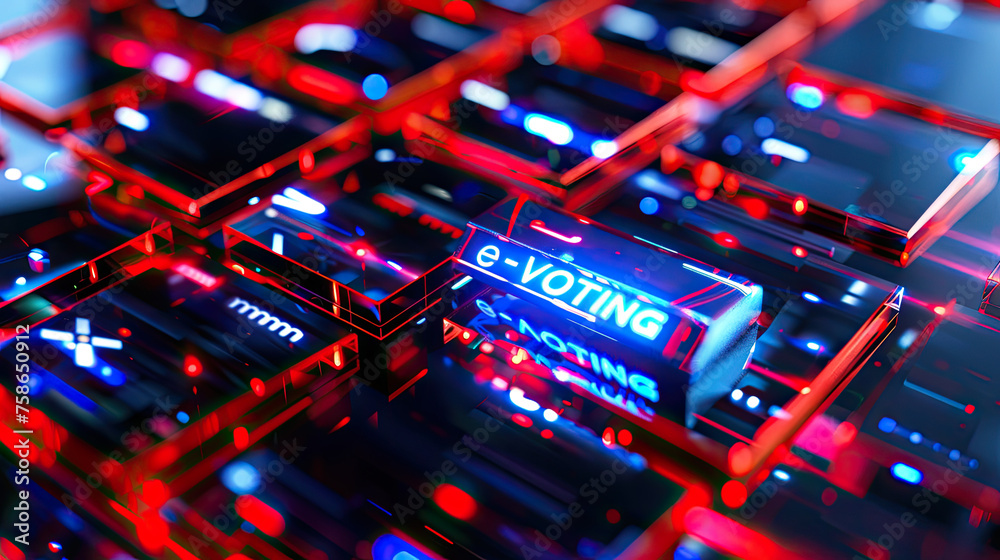 Fototapeta premium Illuminated evoting concept on futuristic digital interface with neon circuitry and reflective surfaces in a dark hightech setting