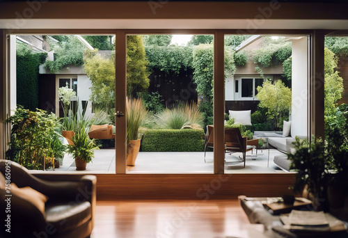 Abstract blur modern garden looking through living room window in the home for background concept stock photoBackgrounds Defocused Blurred Motion Window Office photo