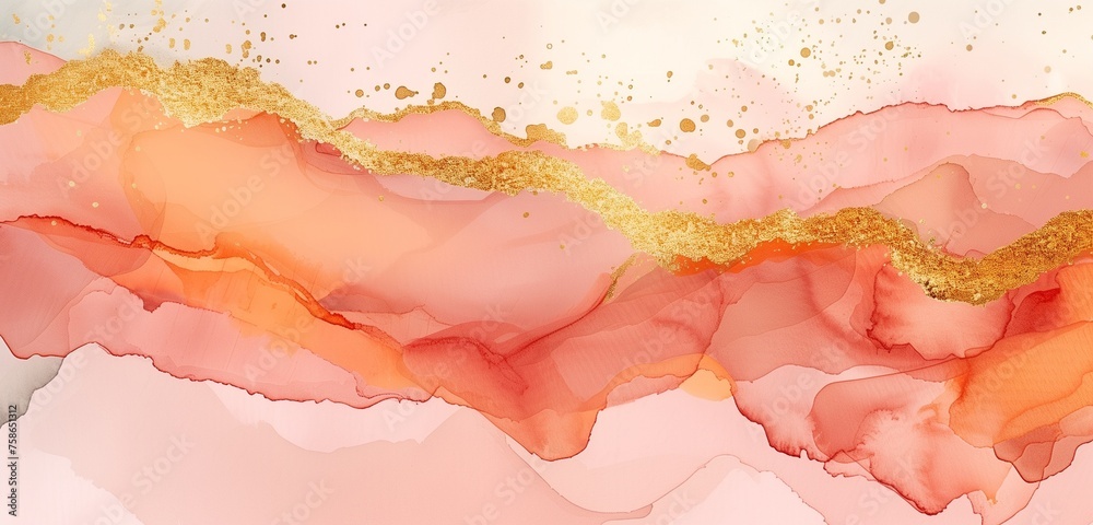 Peach, light pink with gold stripes watercolor, ink, abstract background 