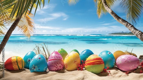 colorful easter eggs on tropical beach. easter holiday concept