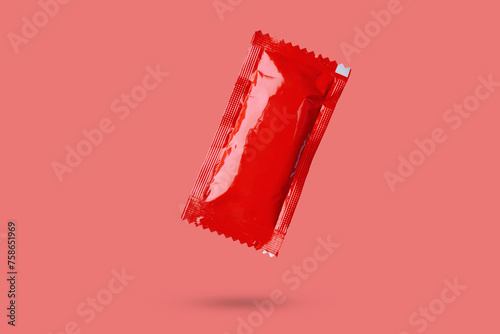Blank red foil tomato ketchup sauce sachet package float on red background © Piman Khrutmuang