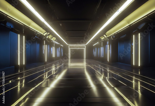 3d render abstract background corridor tunnel virtual reality space yellow neon lights fashion podium club interior empty warehouse floor reflection stock photoBackgrounds Gold