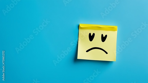 A sad face on a yellow sticky note against a blue background.