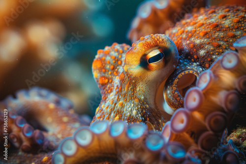 Octopus Camouflage Amongst Coral Reefs. An octopus with intricate patterns, blending with vibrant corals © devmarya