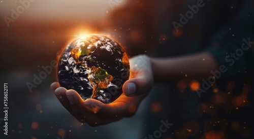 A person holding planet Earth with a glowing light, in the style of a business concept of a global world and environment protection for climate change day or Earth Day background