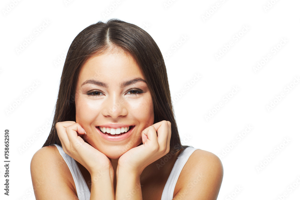 Happy woman, portrait and skincare with natural beauty, makeup or cosmetics on a white studio background. Face of female person, brunette or model with big smile for facial treatment on mockup space Happy woman, portrait and skincare with natural beauty, makeup or cosmetics on a white studio background. Face of female person, brunette or model with big smile for facial treatment on mockup space
