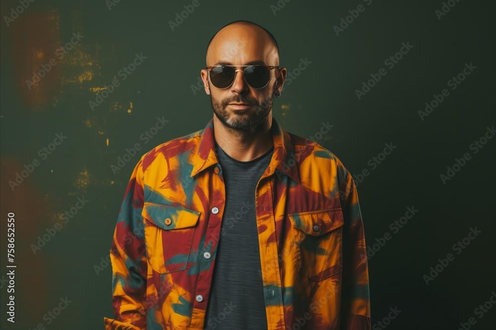 Portrait of a stylish brutal man in a bright jacket and sunglasses. Portrait of a stylish brutal man in a bright jacket and sunglasses.
