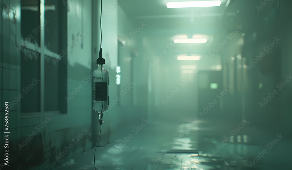 an iv bag is in a hospital corridor on a foggy day