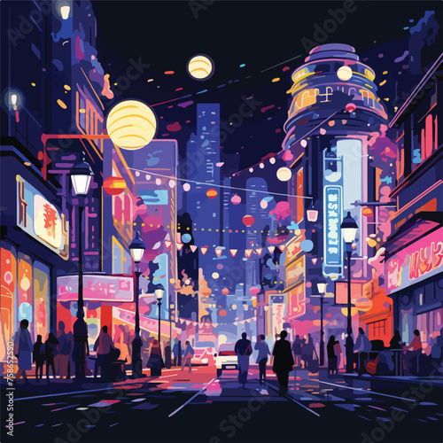 Bustling city street scene at night illuminated by