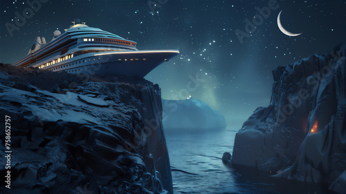 cruise ship stuck on the edge of rock cliff in the night with crescent moon