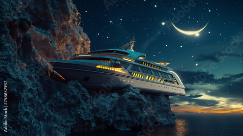 ship stuck on the edge of rock cliff in the night