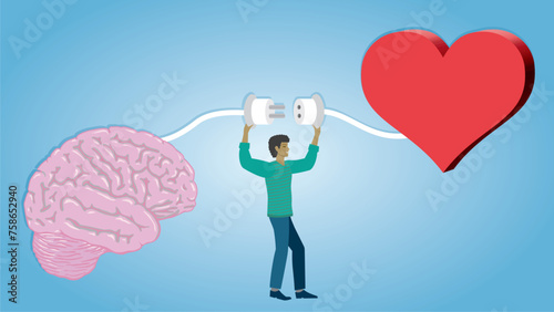 Man connecting brain and heart. Empathy, locical thinking and social skills. Dimension16:9. Vector illustration.