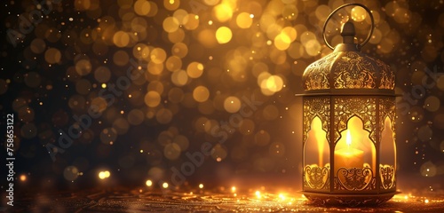 Ramadan dull golden Metallic Lantern in bright light mode with arabesque background photo