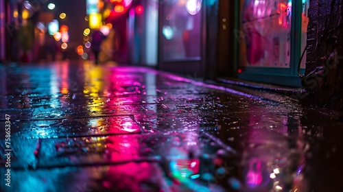 Rain-Soaked City Streets Reflecting Colorful Lights: Urban Ambiance Enhanced by Nature's Touch.