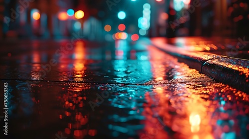 Rain-Soaked City Streets Reflecting Colorful Lights: Urban Ambiance Enhanced by Nature's Touch.