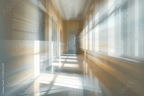 a blurred hallway with some windows on the floor