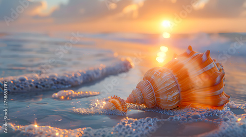 a seashell on a sandy beach with the sun shining in the background