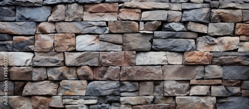 A detailed view of a rectangular stone wall constructed with a composite of various rocks. The brickwork showcases different building materials and natural textures