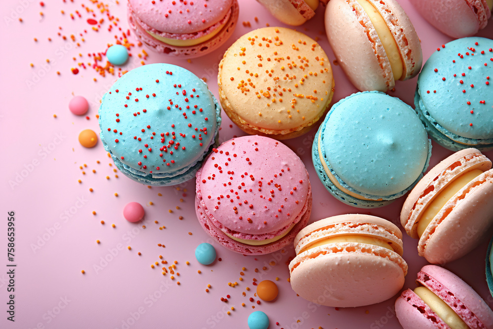 Traditional French cookie macarons lined up in a neat row, Tasty fruits flavored sweet cookies macaron dessert cake with stack focus. Traditional French cookie macarons lined up in a neat row, Tasty fruits flavored sweet cookies macaron dessert cake with stack focus.