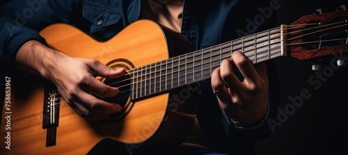 hands on guitar, copy space for text