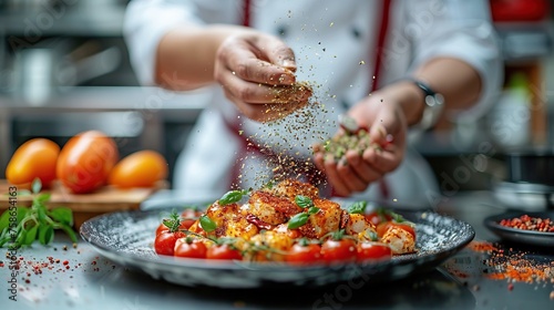 Chef sprinkles spices on plates in the kitchen