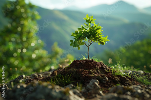 A reforestation initiative planting trees to combat deforestation and restore ecosystems. photo