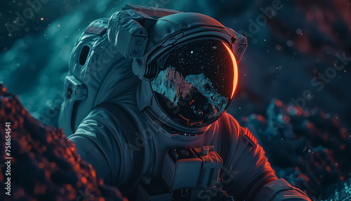 A man in a space suit is looking down at the ground