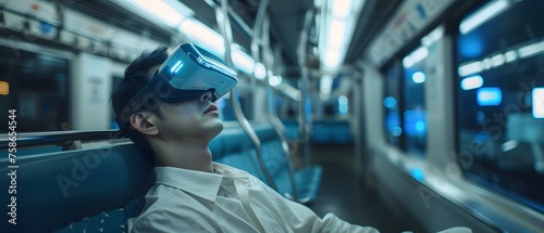 A man wearing virtual reality on the bus.