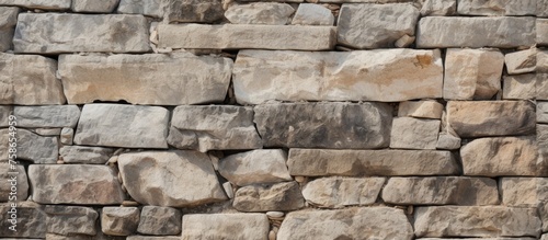 Close up of a stone wall showcasing a pattern of rectangular bricks  made of composite material. The building material is a natural rock  creating a sturdy and timeless structure