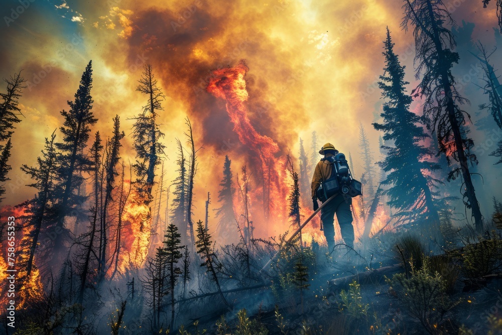Fototapeta premium Wildland firefighter battling a raging forest fire, surrounded by towering flames and billowing smoke, Generative AI 