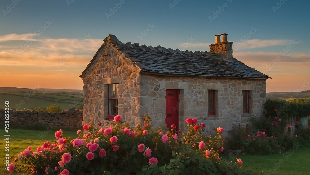 Old house in the field with pink roses and blue sky with clouds