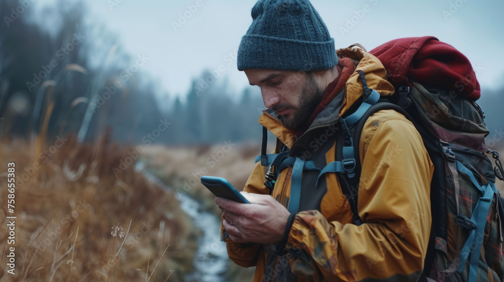 Fototapeta premium A focused male hiker with a backpack checks his phone while navigating through a barren landscape near a water body during overcast weather.