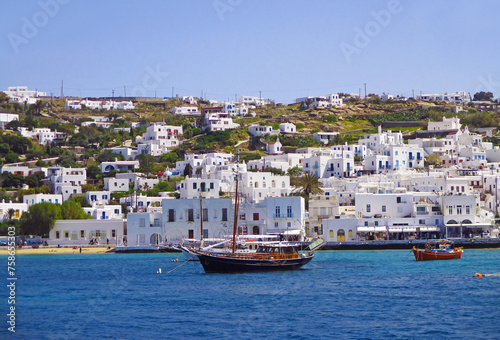 Impressive White Buildings on the Hill Slope Facing the Mykonos Old Port, Mykonos Island, Greece