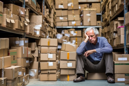 tired storekeeper among boxes in warehouse