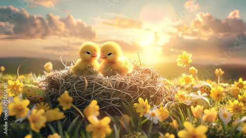์Natural render style illustration, lowland valley 2 little yellow chickens, nest made of hay, Easter eggs, few clouds, sunrise, spring flowers photo
