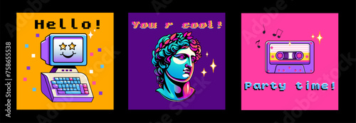 Collage of y2k style posters. Set of 90s 00s retro devices in modern style. wallpaper, pink color, old pc, greek sculpture, party time. vector nostalgia illustration for banner, for tee - t shirt